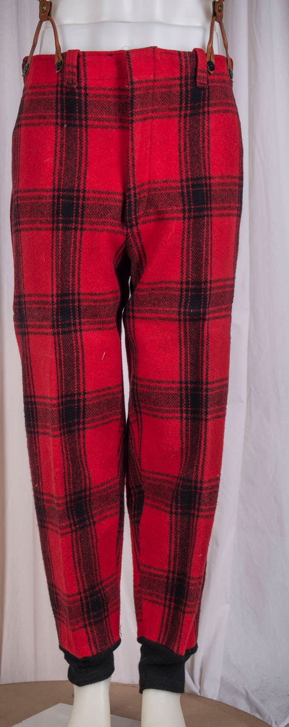 1950s red plaid wool mens hunting pants with suspe