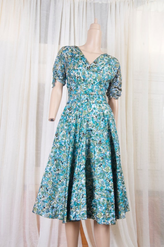 Blue and green print, scoop necked, rayon dress w/