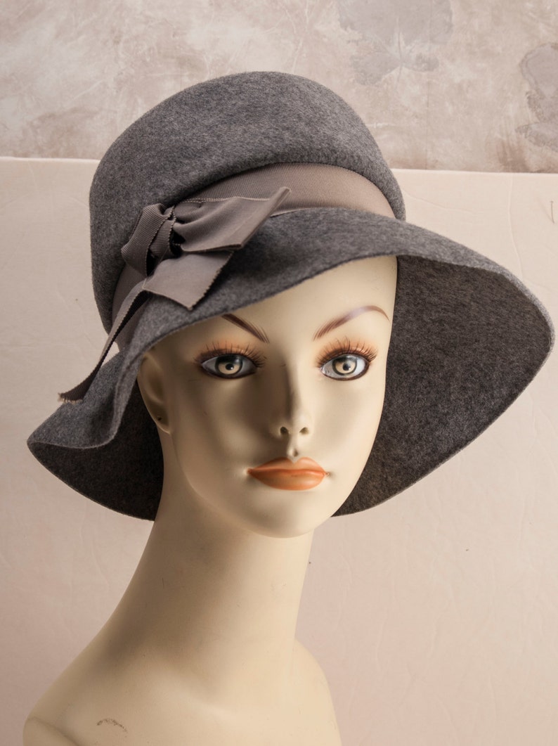 Grey wide brimmed ladies fedora bucket hat floppy brim wool Etsy