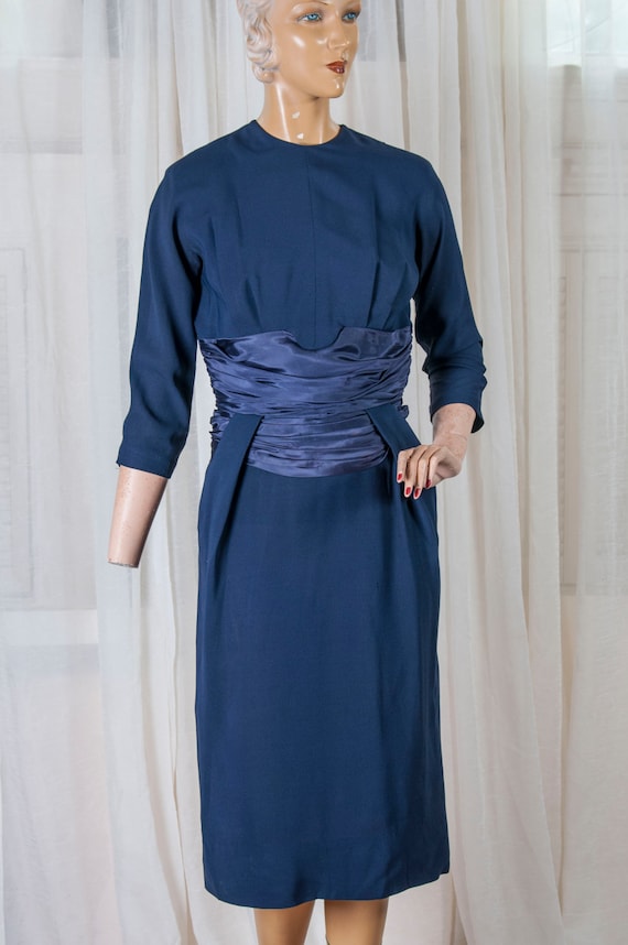 Jack Stern 1940s or 50s navy blue crepe and satin 