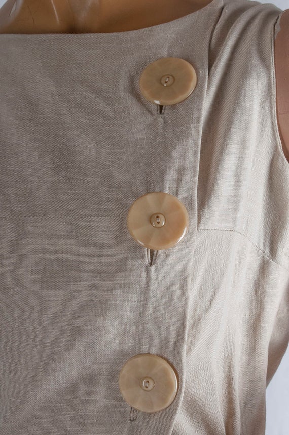 1960s, beige, asymmetrical linen dress w/ big Bak… - image 2