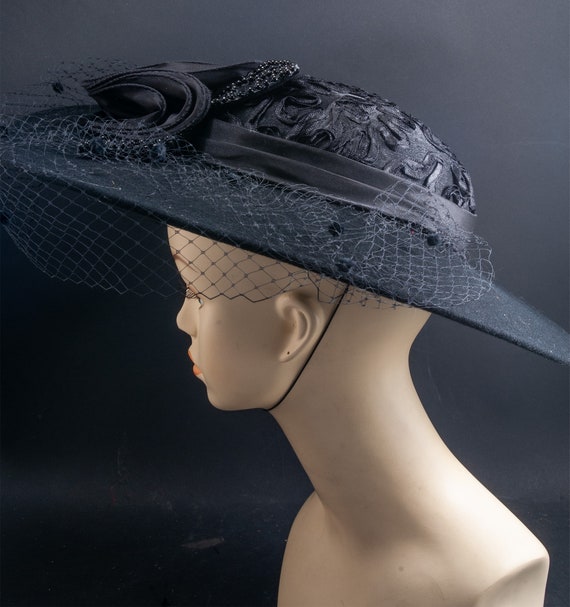 1980s, Black wide brimmed embellished formal hat.… - image 6