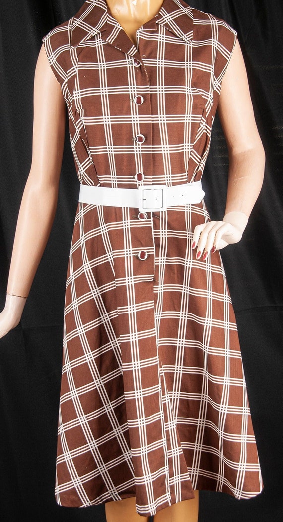 1970s, brown plaid, sleeveless dress. Knee length,