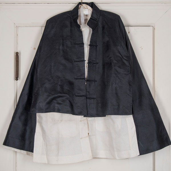 Vintage Japanese 3 piece Tang suit with Tabi. Shoes, black jacket, white shirt. Chrysanthemum print