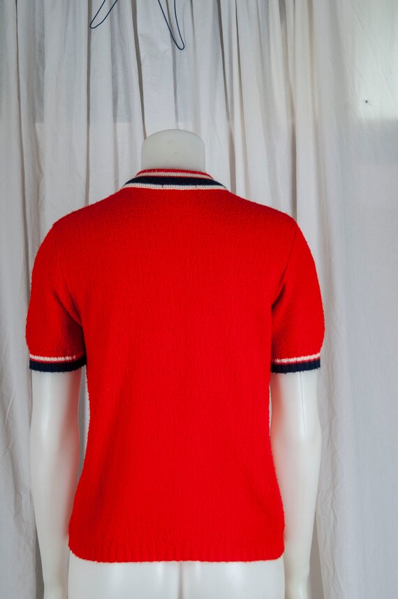 1970s bright red, short sleeved, half zip, boucle… - image 3