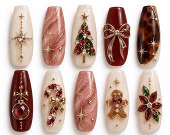 Christmas Coffin Press On Nails: Tortoiseshell Nail Art, Rhinestone Holiday Details, Festive Gem Accents, Handmade Nail Set