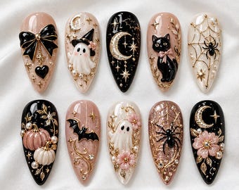 Pink Gothic Halloween Cat Ghost Press On Nails, Short Almond Spooky Nail Set