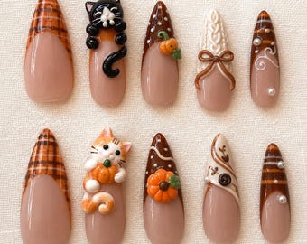 Cozy Fall Press On Nails, 3D Cat Autumn Nails, Brown Plaid Pumpkin Design, Nail Art Set