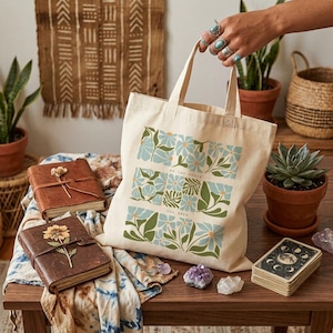Be The Peace You Seek Tote Bag | Floral Grid Canvas Shopping Tote