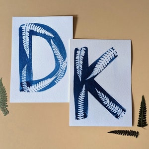 Monogram Fern Leaf Notecards, Blue & White Cyanotype, 5" x 7" or 4.5" x 6" with Envelope, Custom, Unique Alphabet Card