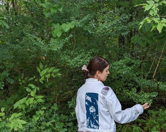Distressed Denim Jacket with Cyanotype Panel, Reclaimed, Embroidery, Nature, Floral Design, Blue and White Handmade Clothing