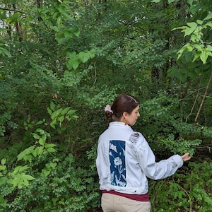 Distressed Denim Jacket with Cyanotype Panel, Reclaimed, Embroidery, Nature, Floral Design, Blue and White Handmade Clothing