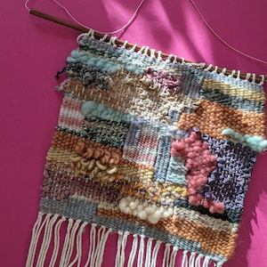 Regenbogen Puzzle Weben, Pastelle Natürliche Farbstoffe, Wandbehang, Fiber Art, Rosa, Lila, Gelb