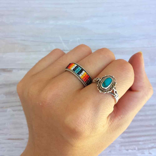 Vintage Multicolored Turquoise Ring, Navajo Inspired, size 7