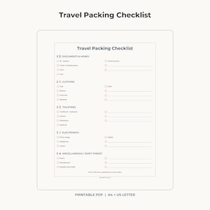 Puede incluir: Una lista de verificación de viaje imprimible en color blanco con texto negro. El formulario incluye categorías para documentos, dinero, ropa, artículos de aseo, electrónica y varios, con casillas de verificación y líneas para notas.