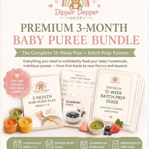 May include: A premium 3-month baby puree bundle featuring a 12-week plan and batch prep guide. The set includes printed guides, a stage 2 tracker, recipe cards, and small bowls of colorful purees, strawberries, and blueberries with a bear logo.