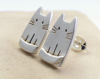 Cute Silver Cat Earrings - Animal Pet Jewelry - Cat lady Stud Earrings - Cat Lover Gifts For Her - Pet Lover Gift - Gift for Mother's Day