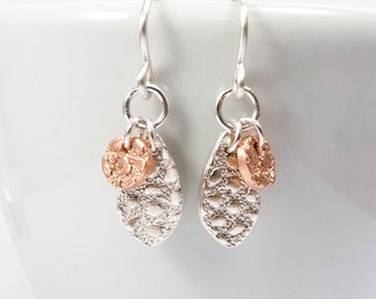 Silver Drop Earrings - Copper Earrings - Dangle Earrings - Delicate Earrings - Leaf Earrings - Girlfriend Gift