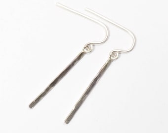 Hammered Silver Bar Earrings - Silver Drop Earrings - Modern Minimal Dangle Earrings - Xmas Gift for Her - Bridal Jewelry