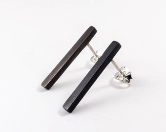 Long Black Earrings - Silver Bar Earrings - Line Earrings - Silver Stud Earrings - Sterling Silver Earrings - Modern Minimalist Jewelry