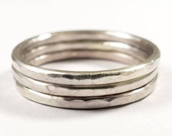 Silver Stacking Ring Set of 3 - Simple Ring - Multi Band Ring - Hammered Silver Ring - Skinny Silver Ring -  Sterling Silver Ring Set