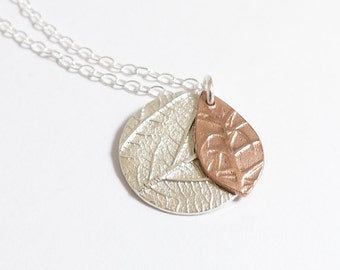 Silver Disc Necklace - Copper Necklace - Delicate Necklace - Nature Necklace - Gifts for Her - Round Pendant - Leaf Necklace