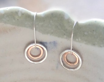 9ct Gold and Sterling Silver Circle Drop Earrings - Rose Gold Jewelry - Circle Earrings - Special Gift for Her