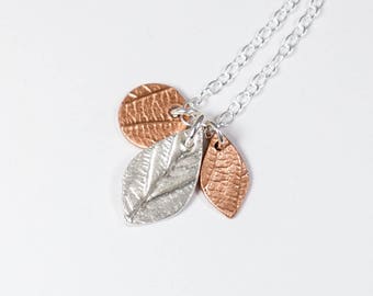Copper Leaf - Silver Necklace - Cluster Necklace - Silver Leaf Pendant - Gift for Her - Copper Pendant - Leaf Necklace - Woodland Jewellery