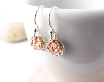Round Earrings - Silver Disc Earrings - Delicate Earrings - Drop Earrings - Copper Earrings - Handmade Earrings - Copper Leaf Earrings