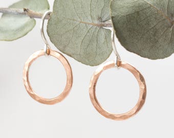 Hammered Copper Circle - Copper Drop Earrings - Rustic Earrings - Copper Hoop Earrings - Modern Minimal Earrings - Dangle Earrings