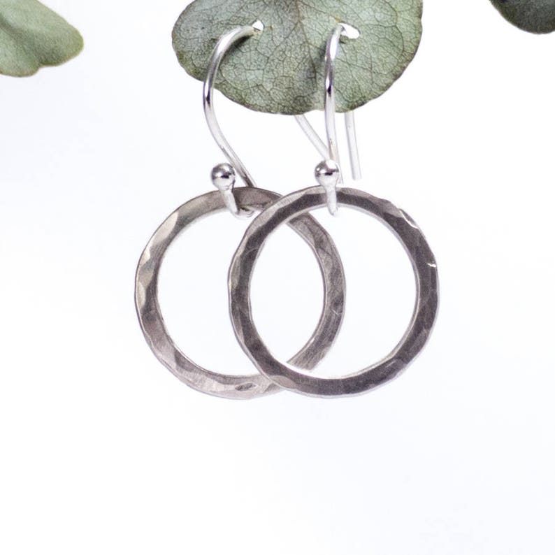 May include: A pair of silver hammered circle earrings with a simple hook closure.