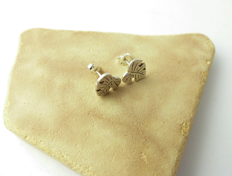 May include: A pair of silver stud earrings featuring a leaf design. The earrings are small and delicate, and they would make a great gift for someone who loves nature.