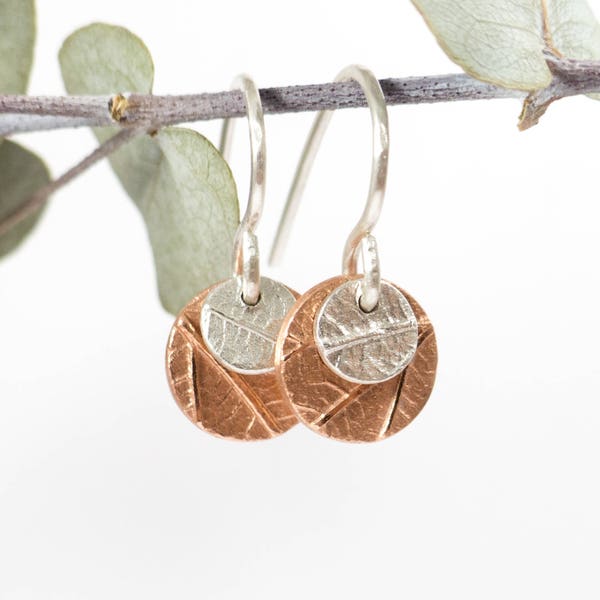 Silver Drop Earrings - Copper Earrings - Round Earrings - Silver Disc Earrings - Delicate Earrings - Leaf Earrings - Copper Disc Earrings
