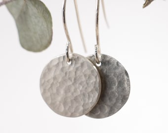 Round Silver Drop Earrings - Hammered Silver Earrings - Round Dangle Earrings