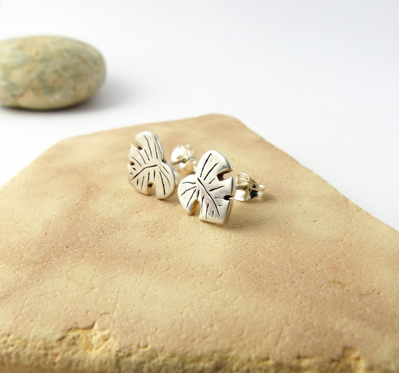Succulent Earrings - Palm Leaf Silver Earring Studs - Tropical Leaf Earrings - Nature Earrings - Monstera Leaf - Fine Silver Stud Earrings