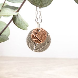 Copper Leaf Silver Disc Necklace - Silver Leaf Pendant - Nature Necklace - Birthday Gift for Her - Copper Pendant - Woodland Jewellery