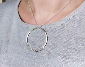 Large Hammered Silver Circle Necklace - Modern Minimal Hammered Circle Pendant - Silver Geometric Ring Necklace - Eternity Necklace