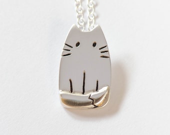 Cute Handmade Silver Cat Pendant on Sterling Silver Chain
