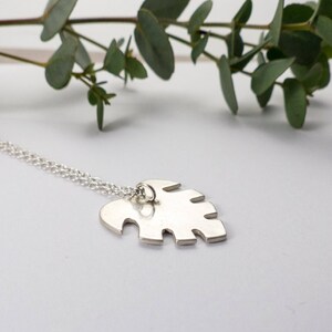 May include: A silver necklace with a delicate chain and a pendant shaped like a monstera leaf.