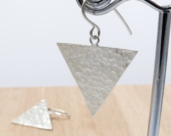 Large Silver Triangle Earrings - Silver Drop Earrings - Statement Earrings - Hammered Geometric Earrings - Jewellery Gift for Her