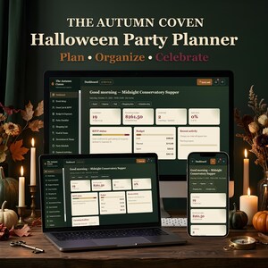 May include: A digital Halloween party planner displayed on a computer monitor, a laptop, and a smartphone. The interface shows a dashboard titled The Autumn Coven with sections for event setup, guest lists, budgets, and party schedules.