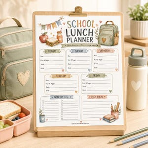 May include: A school lunch planner printed on paper, held by a wooden clipboard. The planner features watercolor illustrations of a backpack, apple, sandwich, and school supplies, with sections for Monday through Friday, a grocery list, and prep ahead.