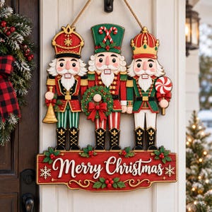 May include: A hanging wooden door sign featuring three nutcracker figures in red, green, and gold uniforms. The center figure holds a wreath, while the others hold a trumpet and a lollipop. A red base displays the white text Merry Christmas.