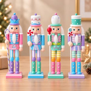 May include: Four wooden nutcracker figures standing in a row, each painted in pastel colors including pink, blue, purple, and green. They feature white faux fur beards, tall hats, and hold various candy-themed accessories like staffs and lollipops.