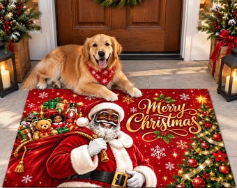 Black Santa Doormat, Merry Christmas Welcome Mat, African American Santa Decor, Christmas Porch Door Mat, Holiday Entryway Rug