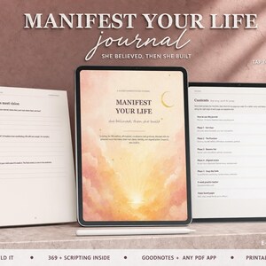Peut inclure: Un journal numérique intitulé Manifest Your Life de 82 pages, avec une tablette affichant un graphique de ciel au lever du soleil, un croissant de lune et le texte She Believed, Then She Built. L'interface inclut un sommaire et des outils.
