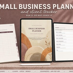 Puede incluir: Un planificador digital para pequeñas empresas y rastreador de clientes mostrado en una tableta y un documento impreso. El planificador incluye 84 páginas, una tabla de contenidos y formas circulares abstractas en tonos tierra.