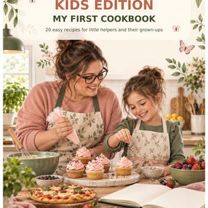 May include: A cookbook titled Busy Mom Made Easy Kids Edition My First Cookbook with the subtitle 20 easy recipes for little helpers and their grown-ups. The cover features a person and a child decorating cupcakes with pink frosting and sprinkles.