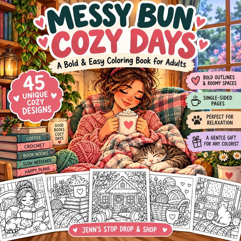 May include: A coloring book titled Messy Bun Cozy Days featuring a cover illustration of a person holding a mug with a heart, a sleeping cat, and yarn. The cover includes text about 45 unique designs, bold outlines, and single-sided pages.