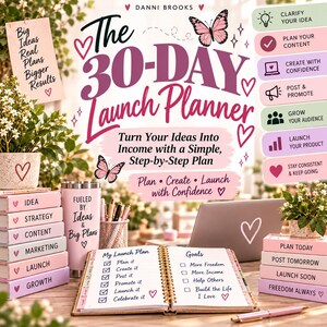 Puede incluir: El 30-Day Launch Planner de Danni Brooks presenta una portada rosa con ilustraciones de mariposas y texto. Incluye una agenda de espiral abierta en una página con listas de verificación, un vaso rosa y bloques rosas con pasos comerciales.